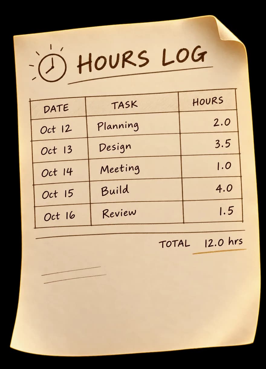 A hand-drawn hours log: a week of dated tasks with their hours, totalling twelve.