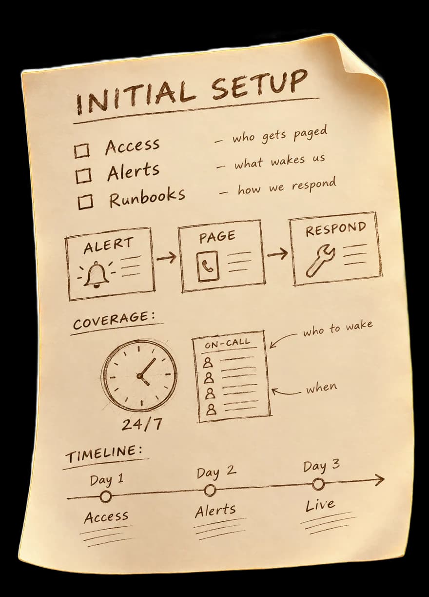 A hand-drawn initial setup sheet: access, alerts, runbooks and escalation, an alert-to-response flow, and a three-day timeline.