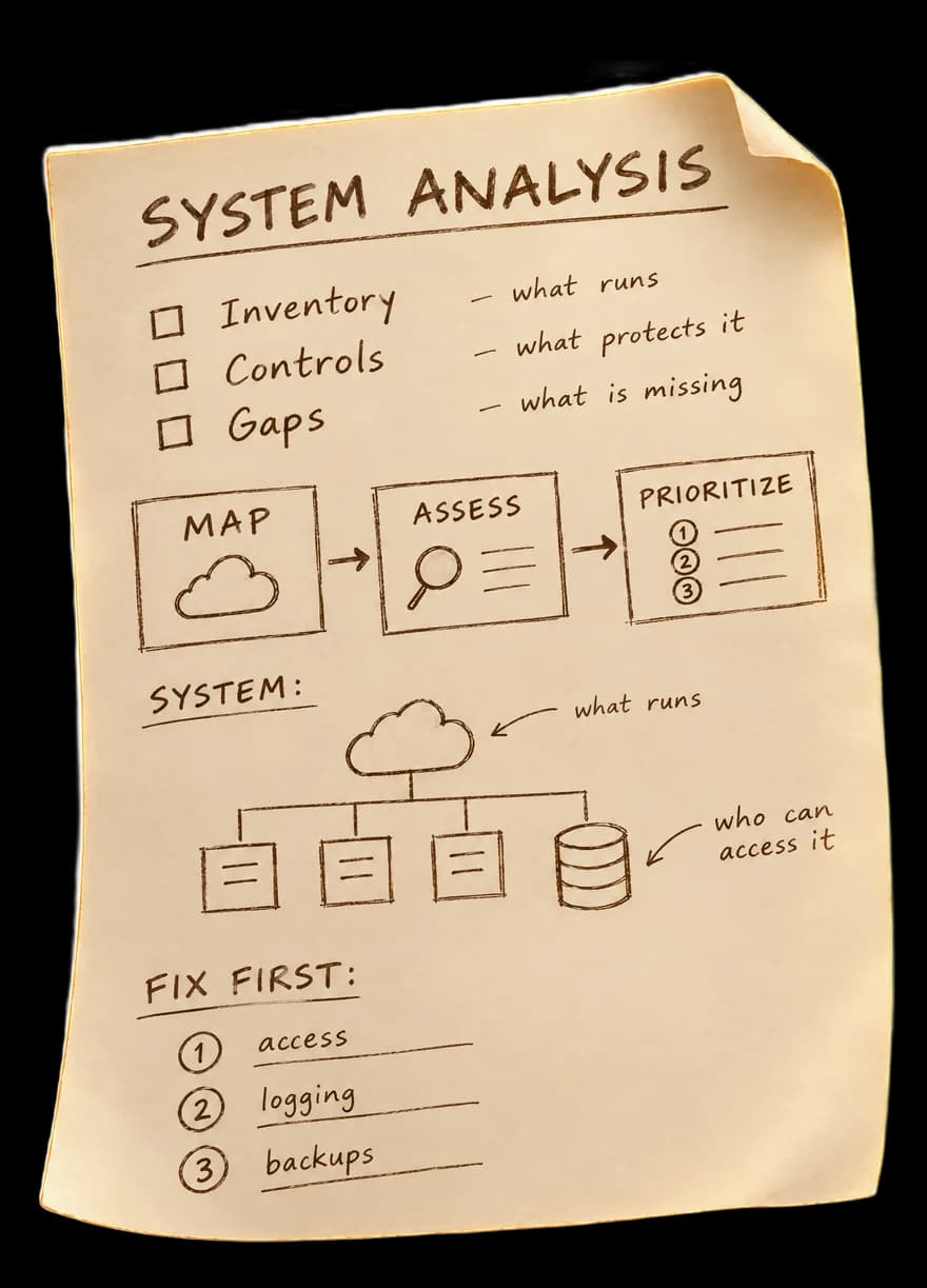 A hand-drawn system analysis sheet: an inventory of the system, its controls and gaps, and what to fix first.