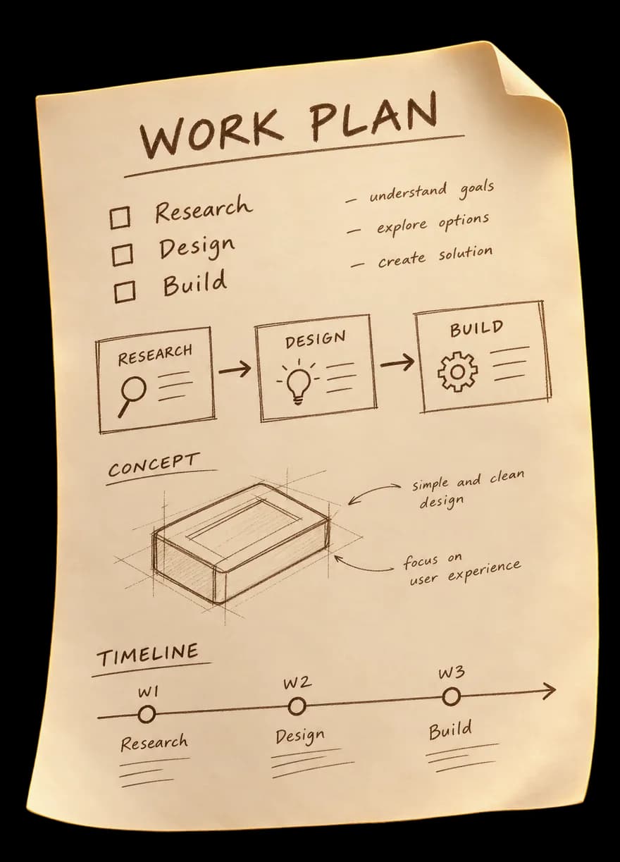 A hand-drawn work plan: research, design and build, a concept sketch, and a three-week timeline.
